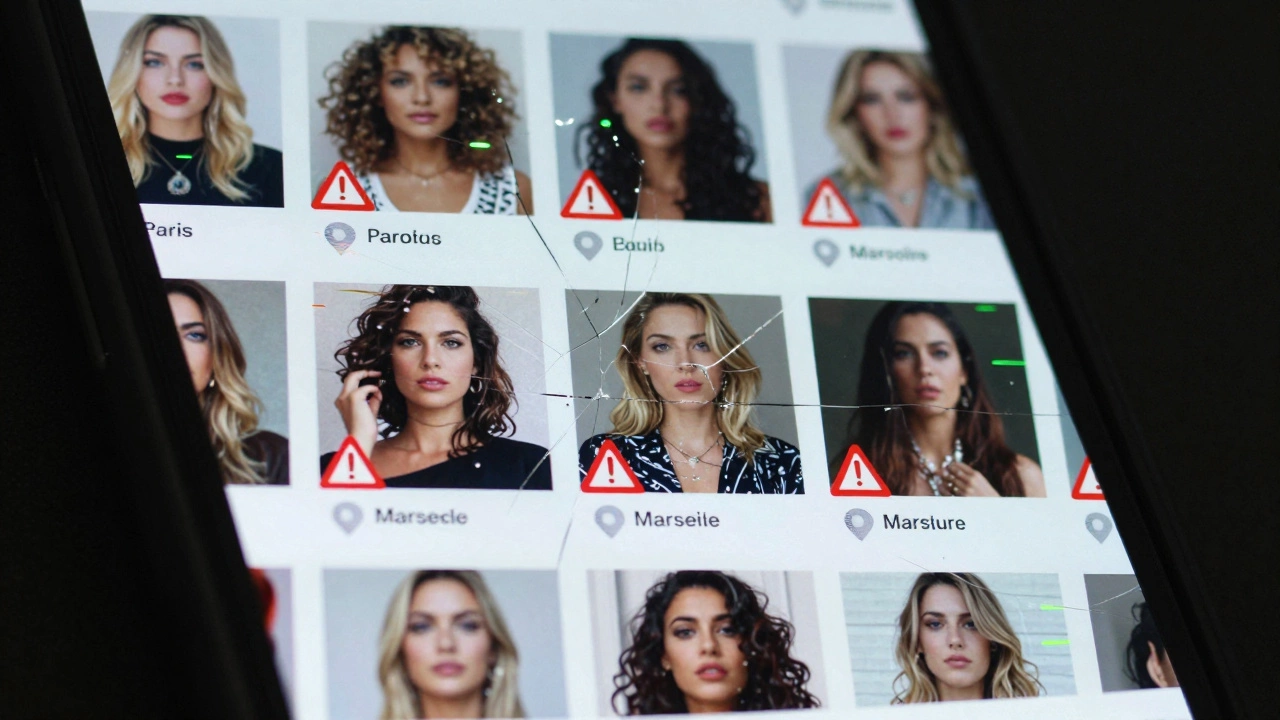 A smartphone screen shows reused escort photos across multiple cities with warning symbols.