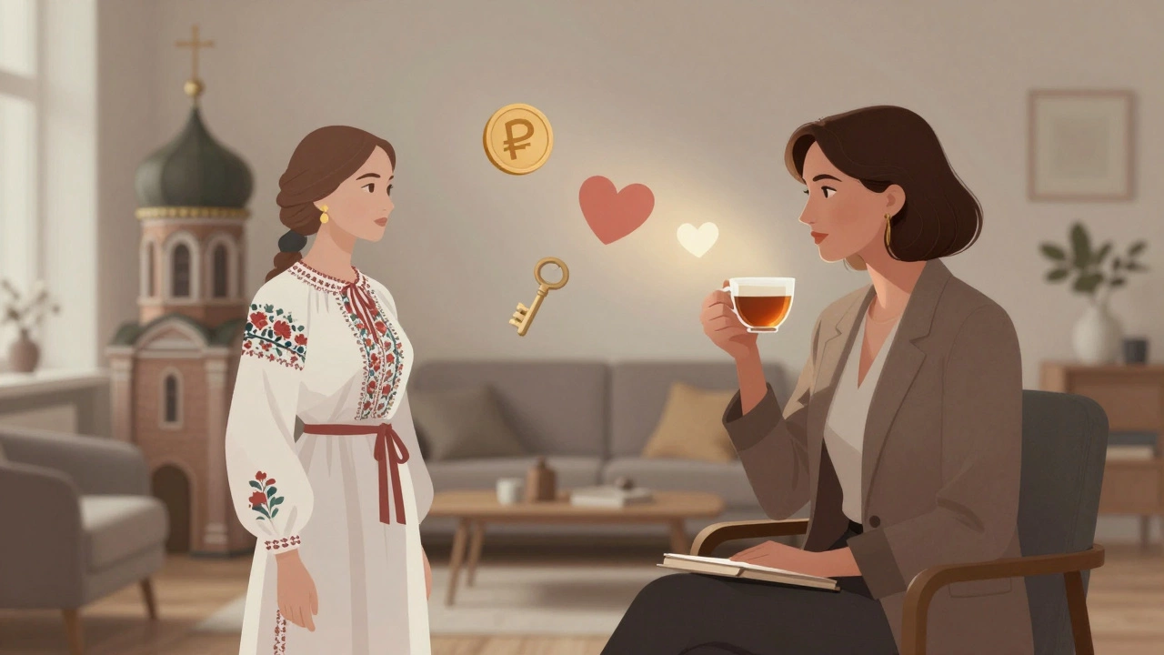 A split-image woman embodying tradition and modernity, surrounded by symbols of autonomy, dignity, and emotional labor.