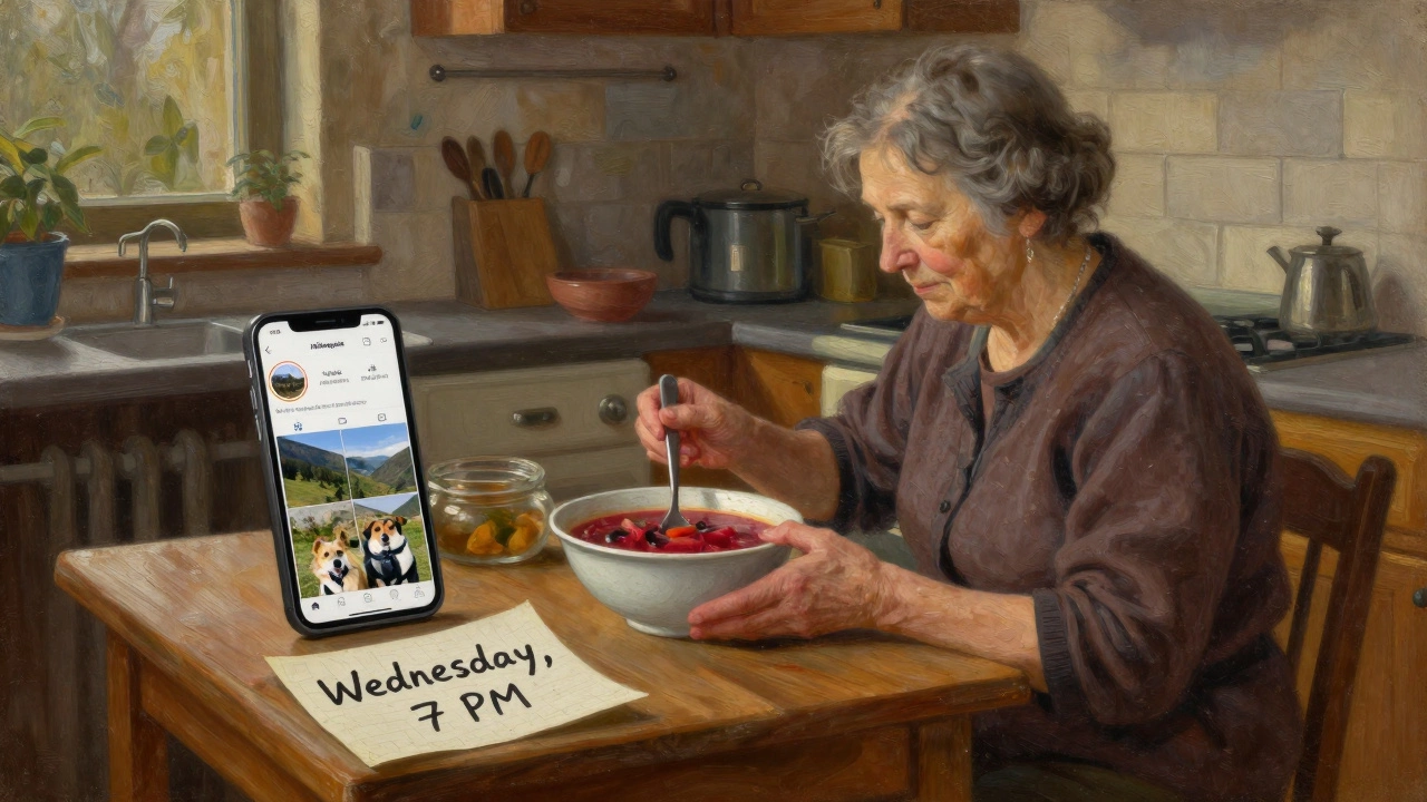 A woman cooks borscht with her mother in a warm kitchen, a smartphone showing a quiet Instagram profile on the counter.