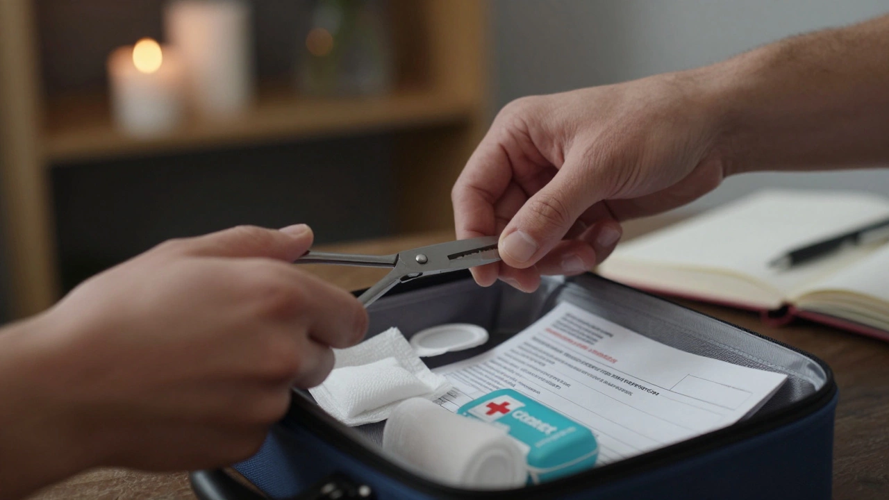 Hands holding trauma shears beside an open first aid kit on a wooden shelf.