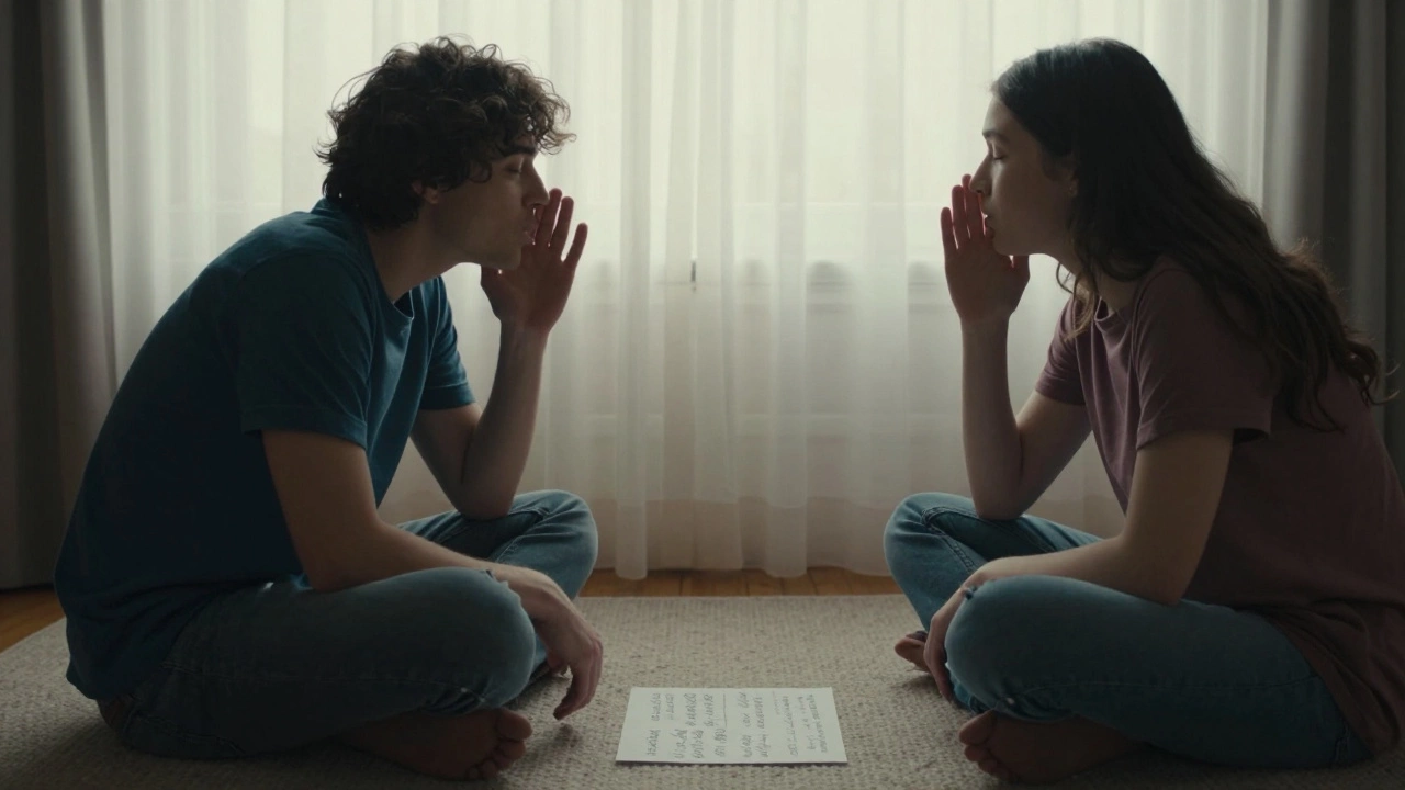 Two people on the floor, one speaking softly while the other repeats their words aloud.